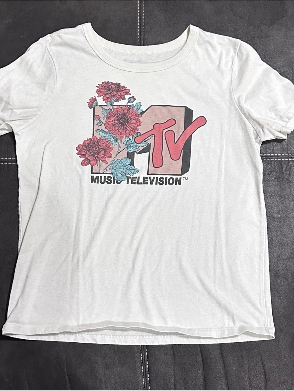MTV White Tee with Pink Floral Logo and Teal Leaves